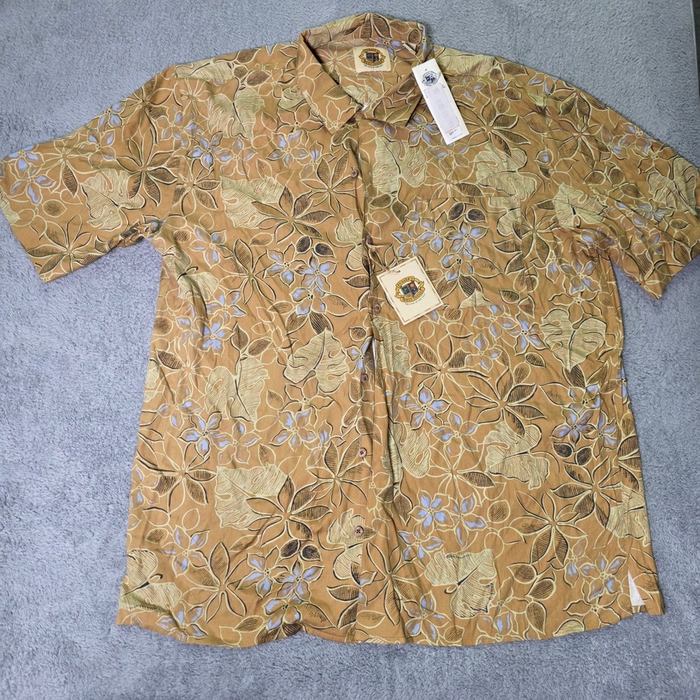 Pusser's West Indies Mens Large Button Down Shirt Tan Silk Cotton Floral Tropicl
